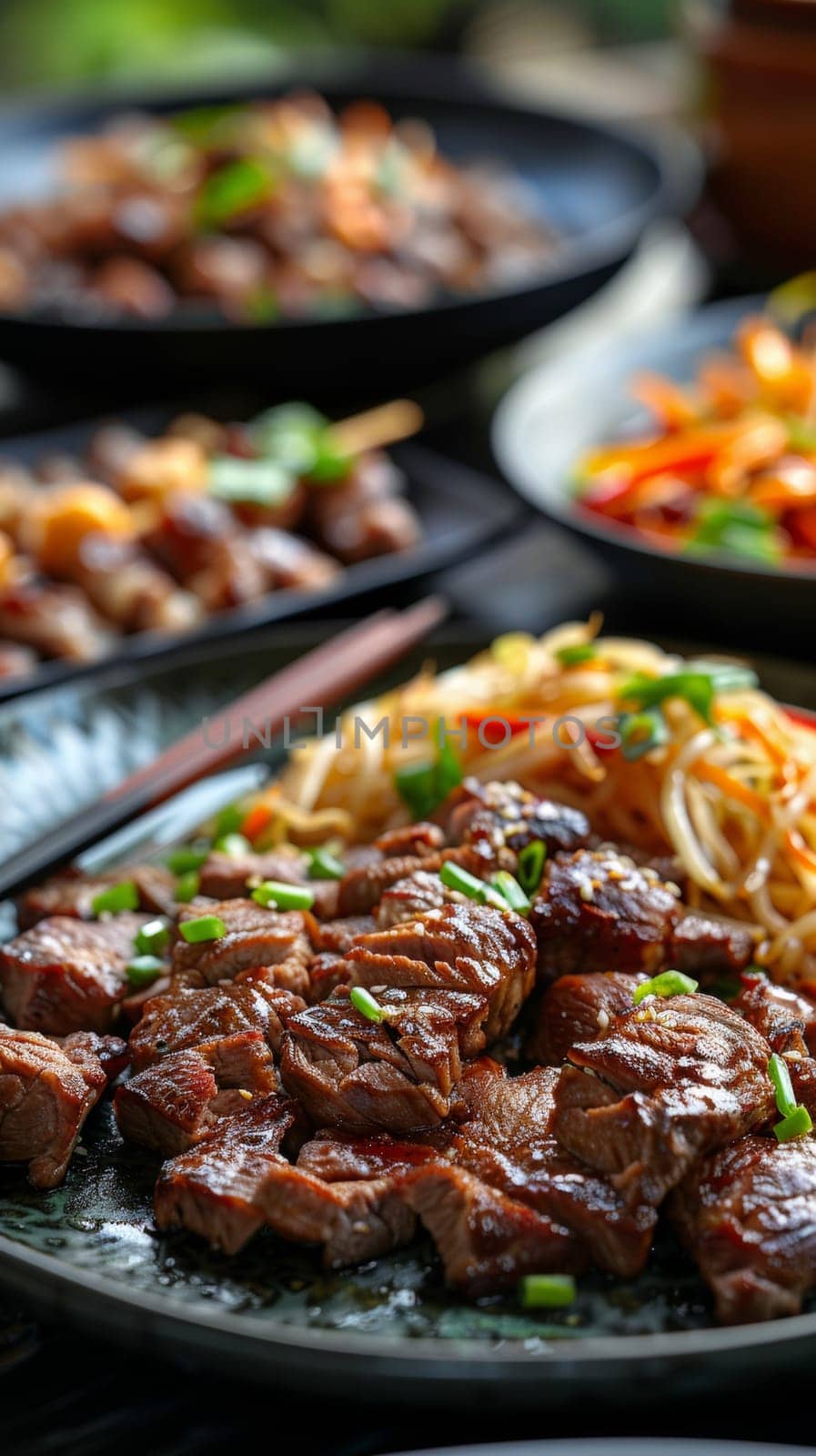 A plate of meat and noodles on a table with chopsticks, AI by starush