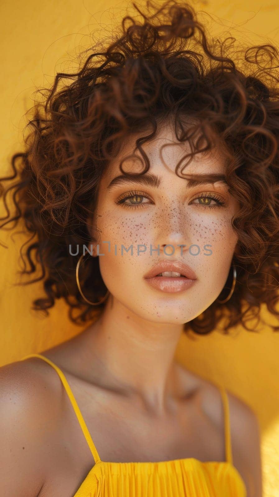 A woman with curly hair posing for a picture against yellow wall