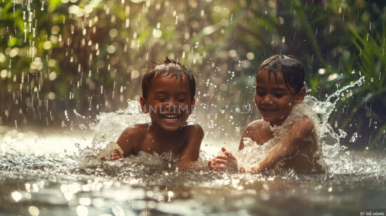 Two young boys playing in the water with a smile on their faces