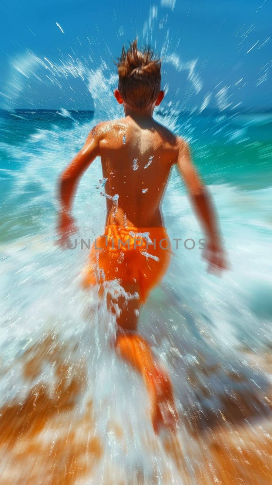 A boy in orange swimsuit running through the water at a beach, AI by starush