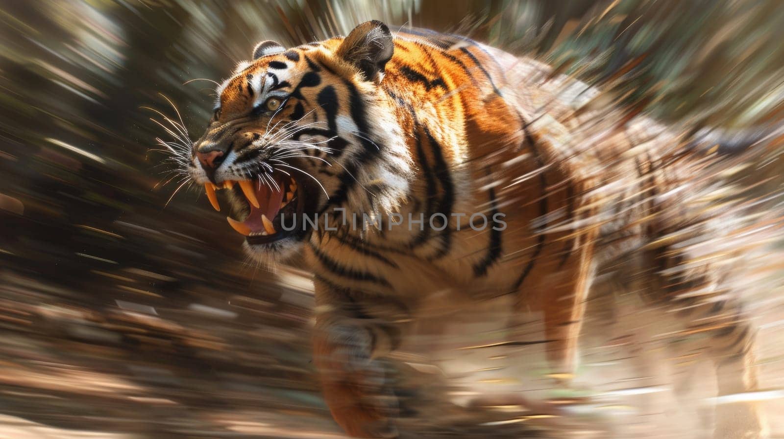 A tiger is running through the woods with its mouth open