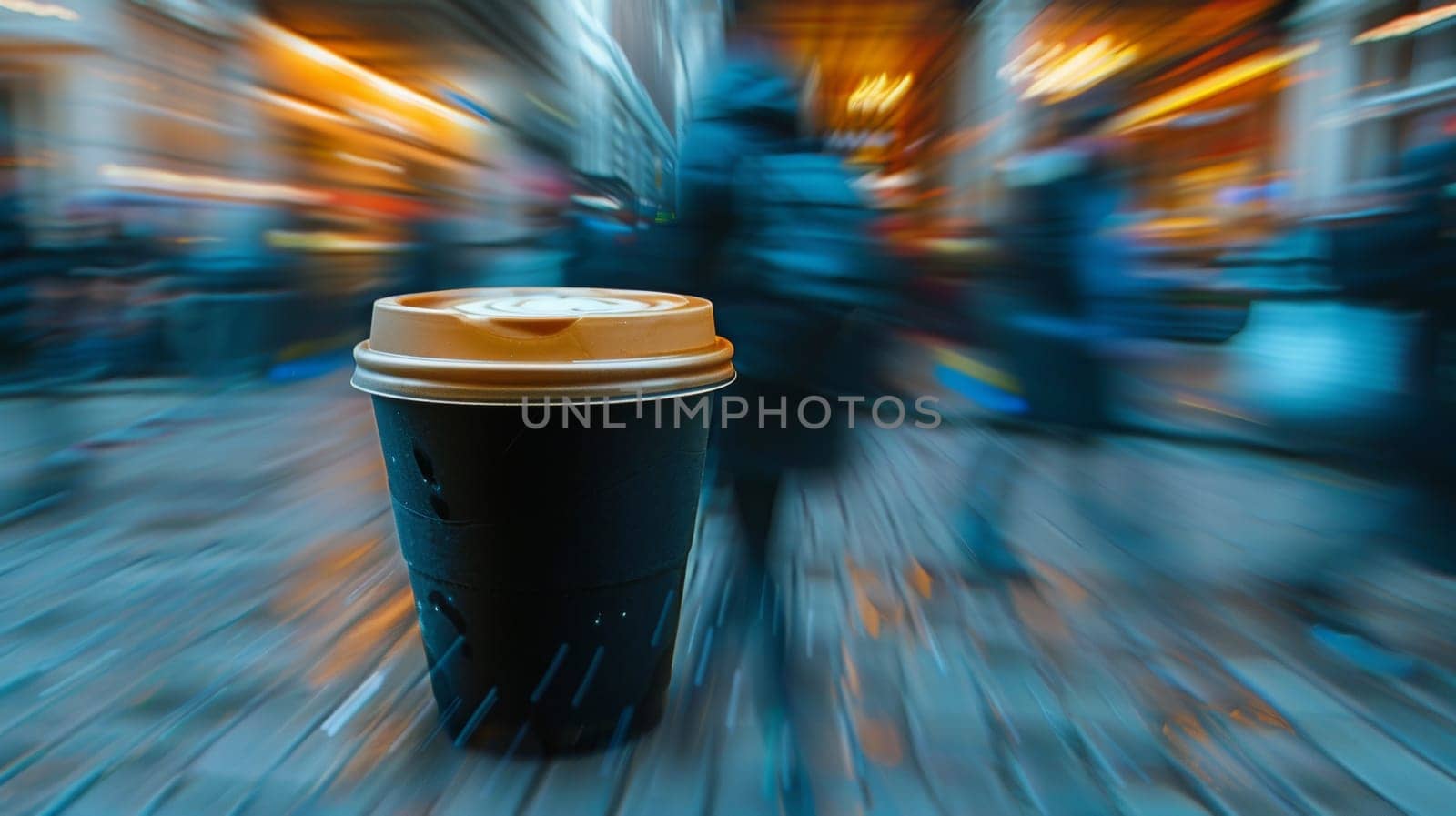 A blurry image of a coffee cup sitting on the sidewalk