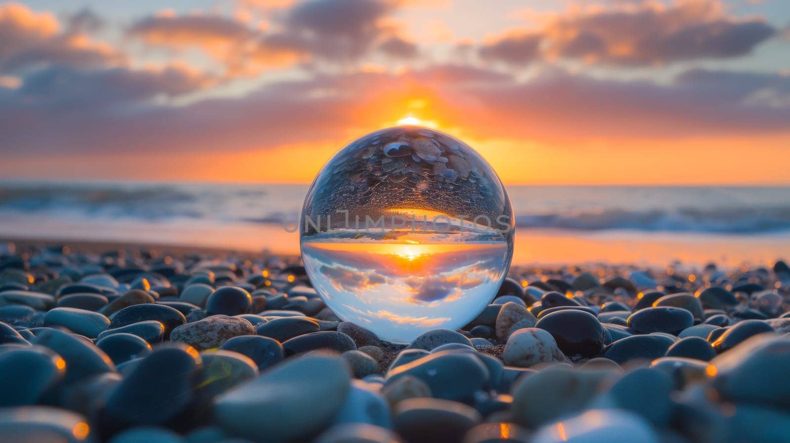 A glass ball sitting on a beach with the sun setting in front of it