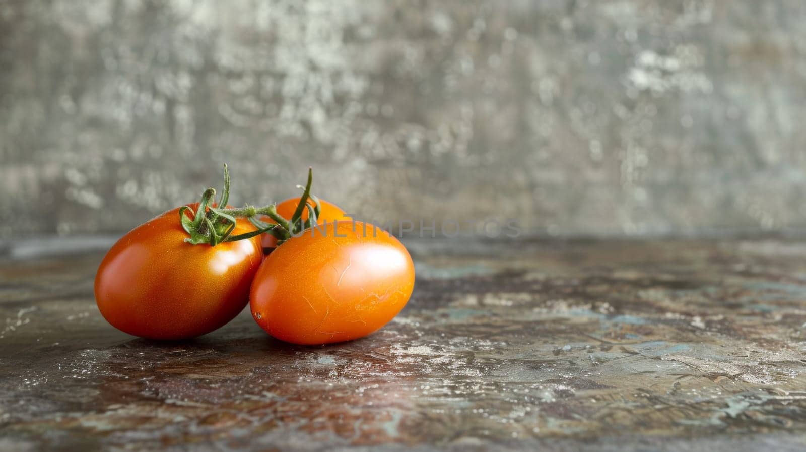 Three tomatoes are sitting on a table with one tomato missing