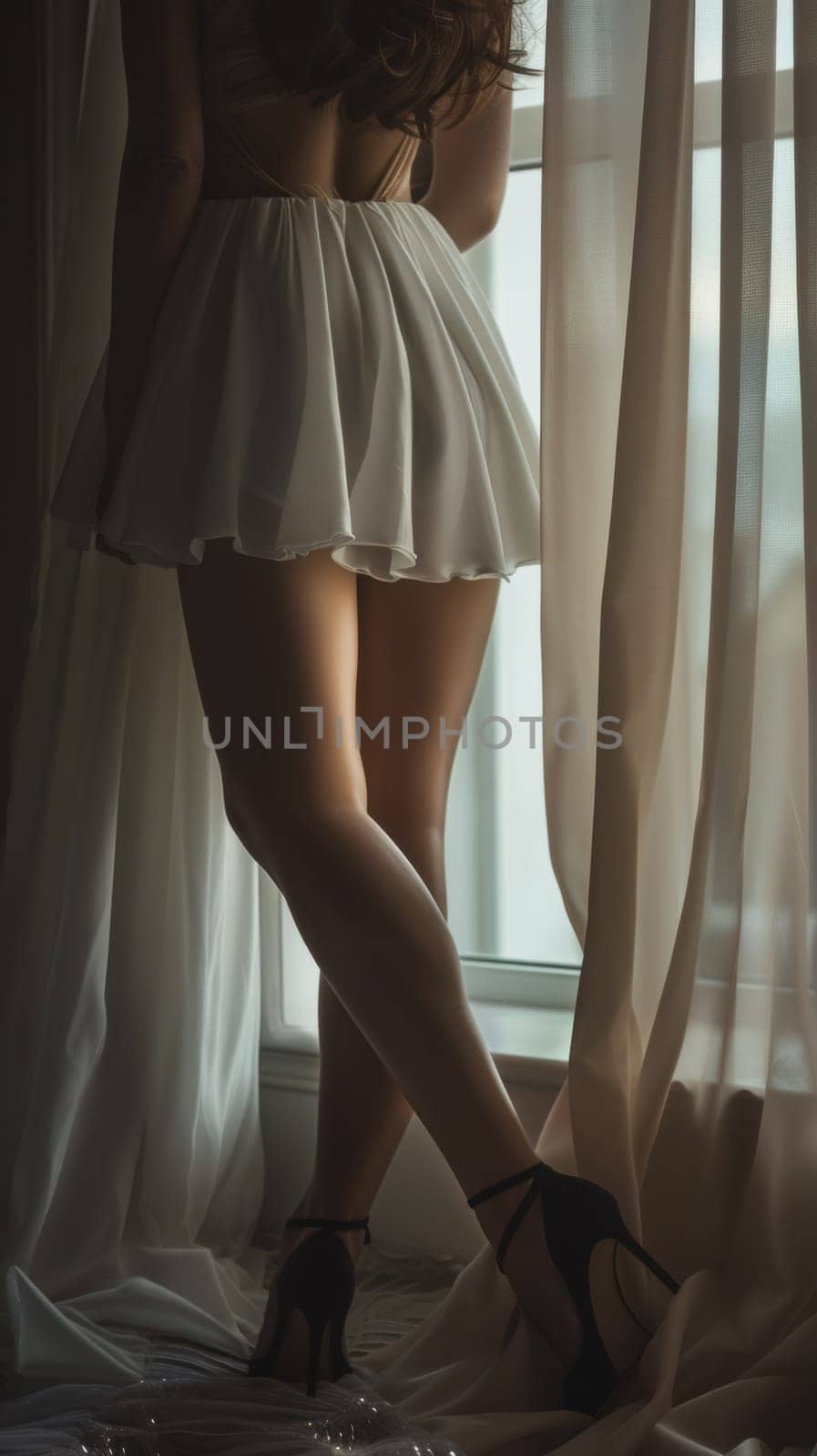 A woman in a short skirt and high heels standing by the window, AI by starush