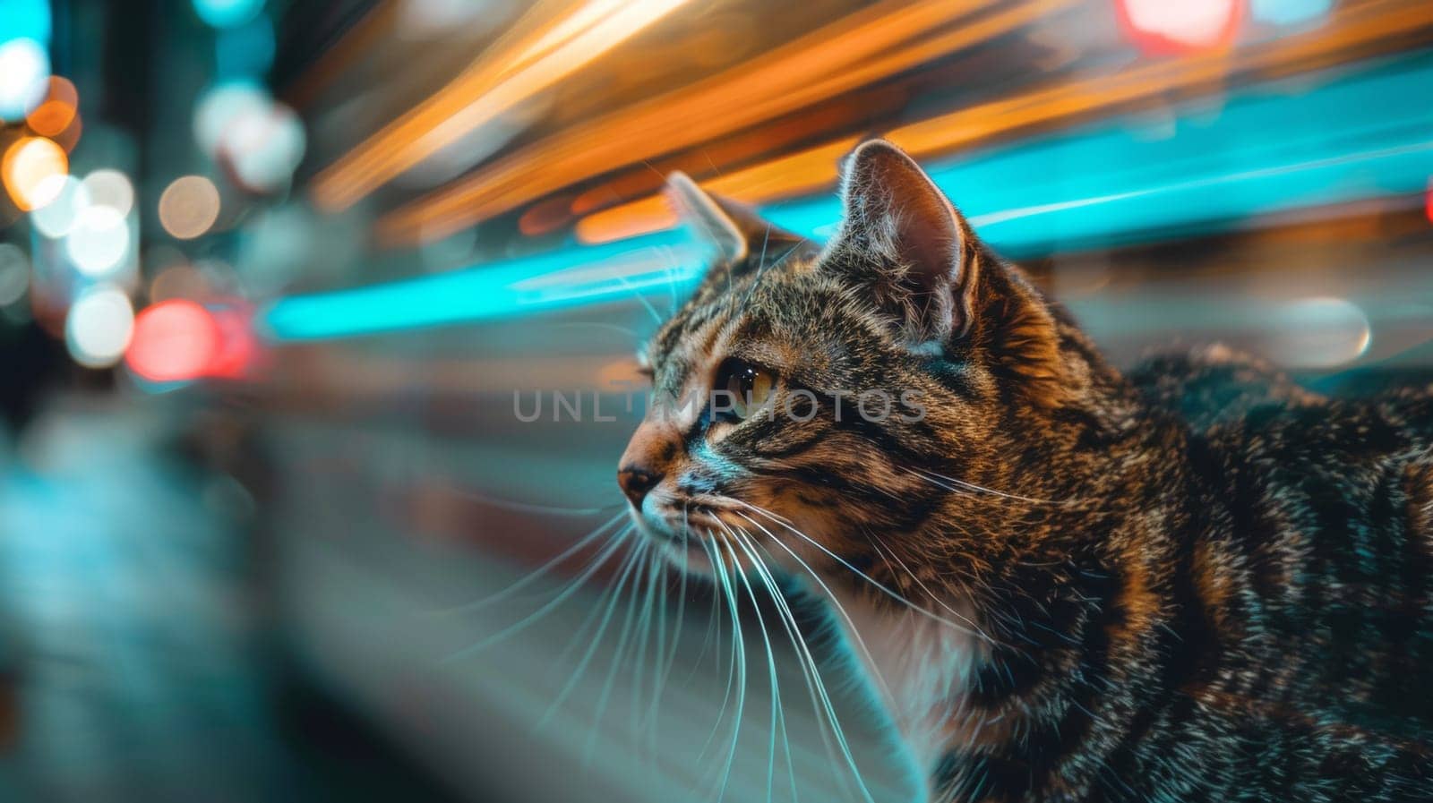 A cat sitting on a street with blurred background of cars