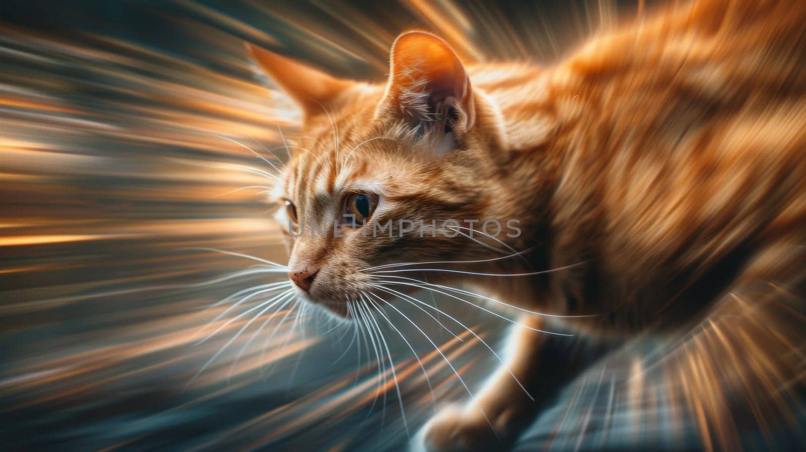 A close up of a cat running in the dark with streaks