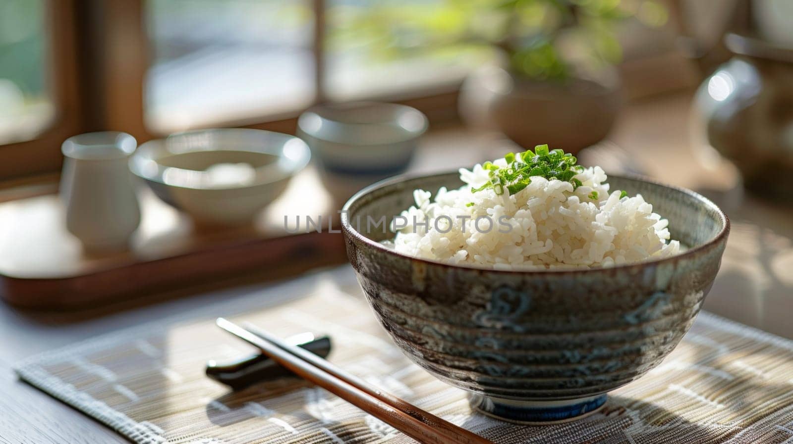 A bowl of rice and chopsticks on a table next to the window, AI by starush