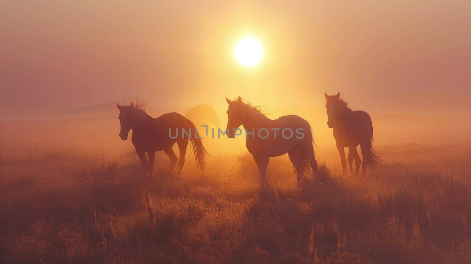 Three horses are standing in a field with the sun setting