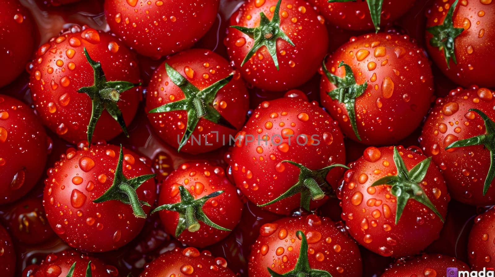 A close up of a bunch of tomatoes with water droplets on them, AI by starush
