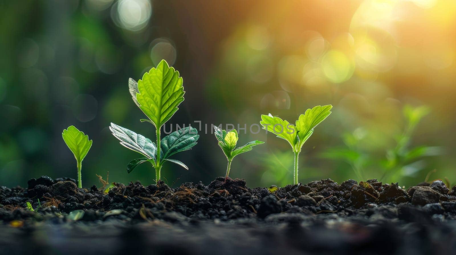 A group of young plants growing in the dirt with sunlight, AI by starush