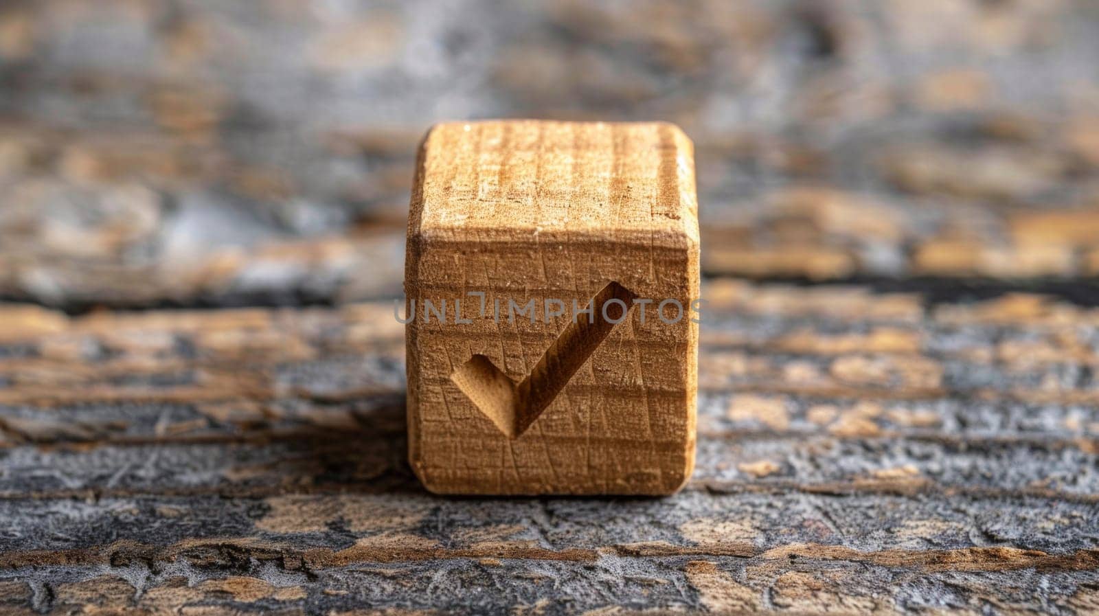 A wooden block with a check mark on it sitting in the dirt
