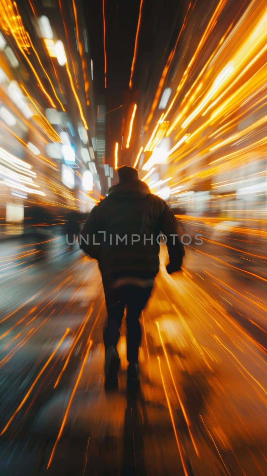 A blurry picture of a person walking down the street at night