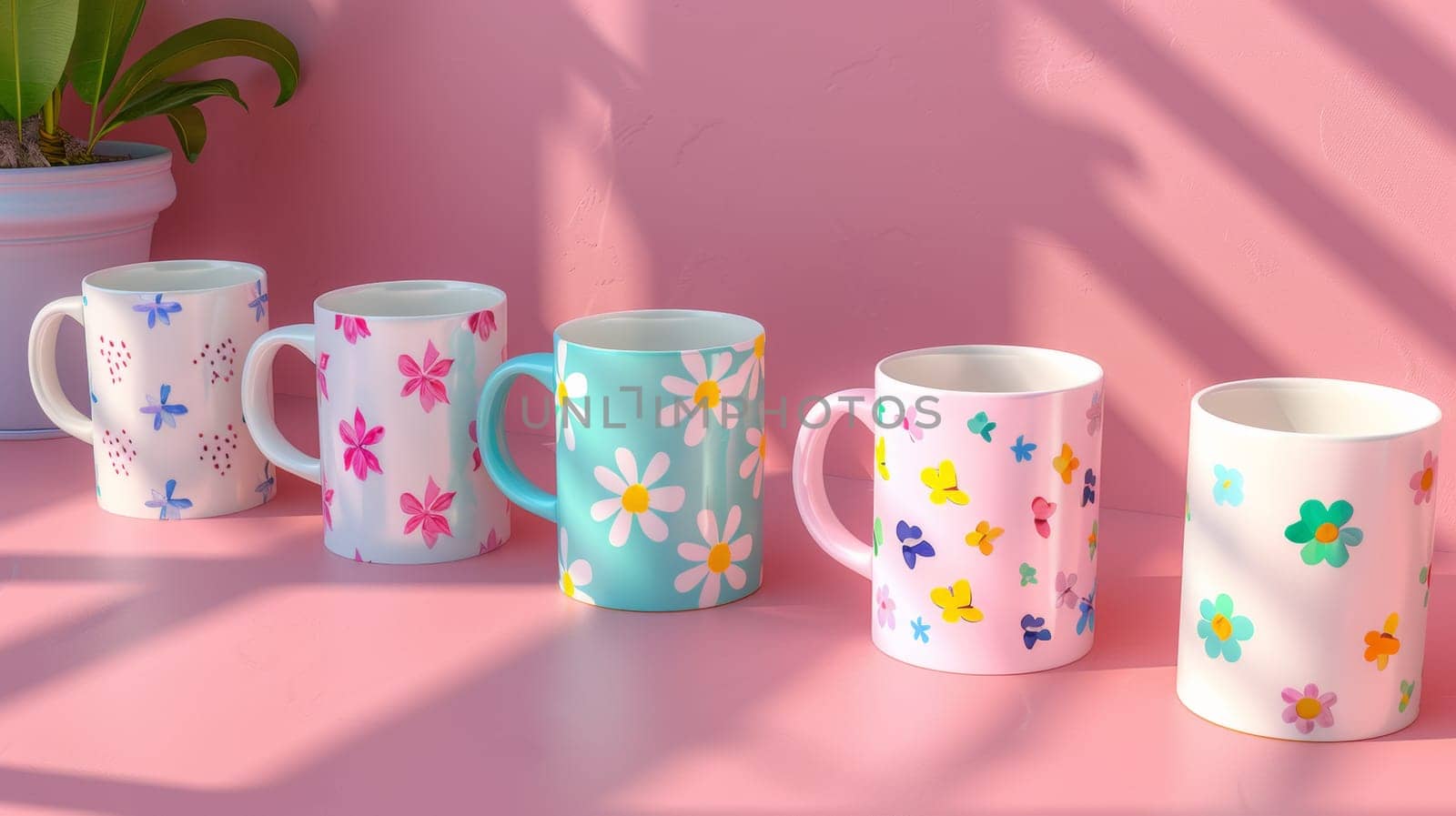 A row of five coffee mugs with different designs on them, AI by starush