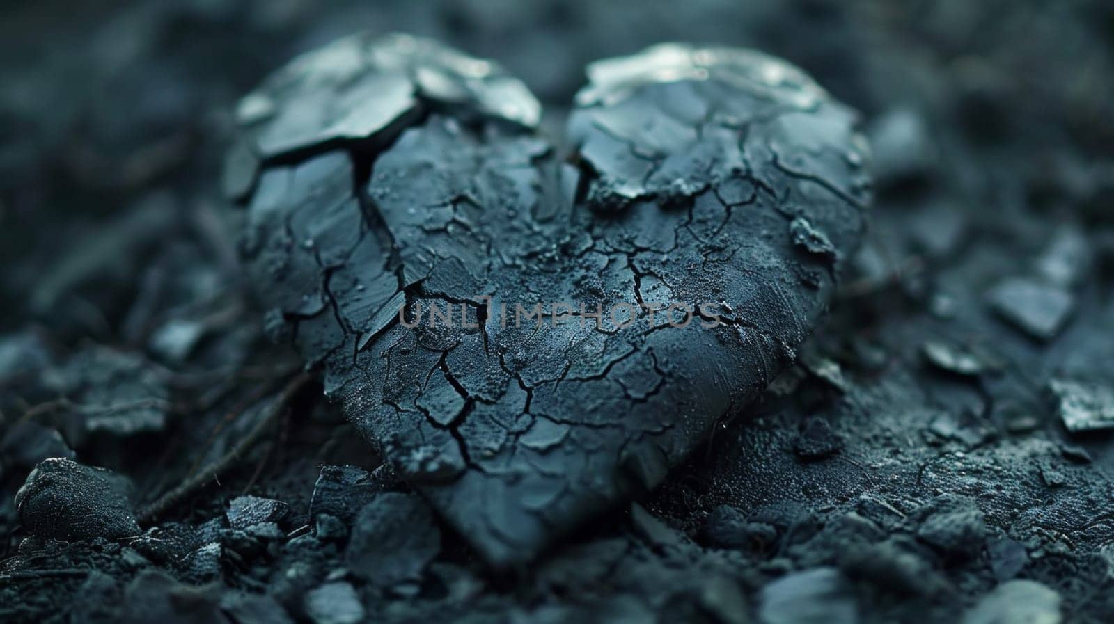 A broken heart is sitting on the ground in a dark area