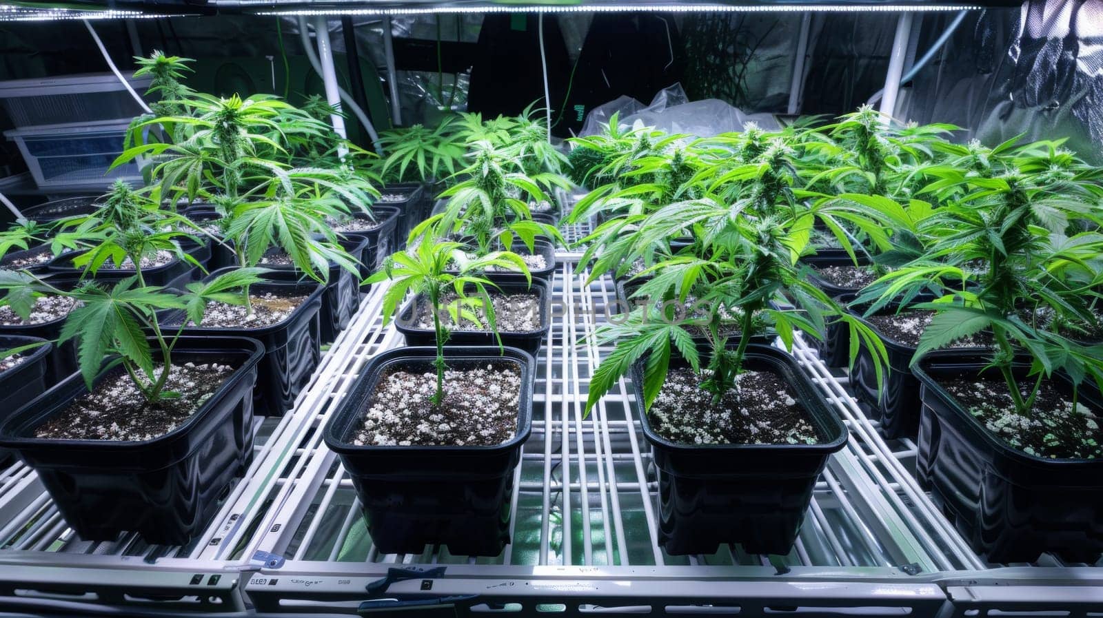 A room with many plants in pots on a table