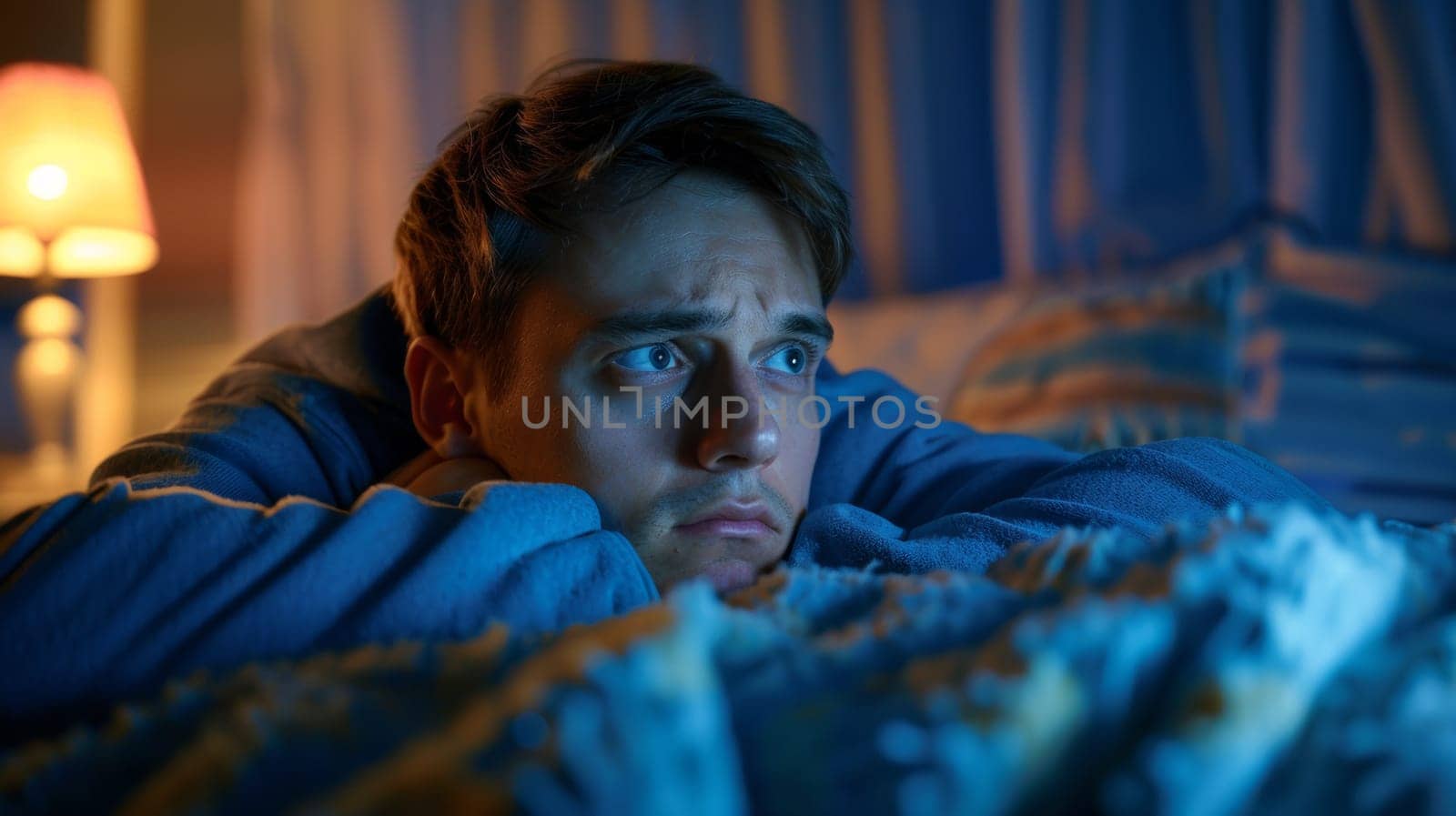 A man laying in bed with a blanket over him