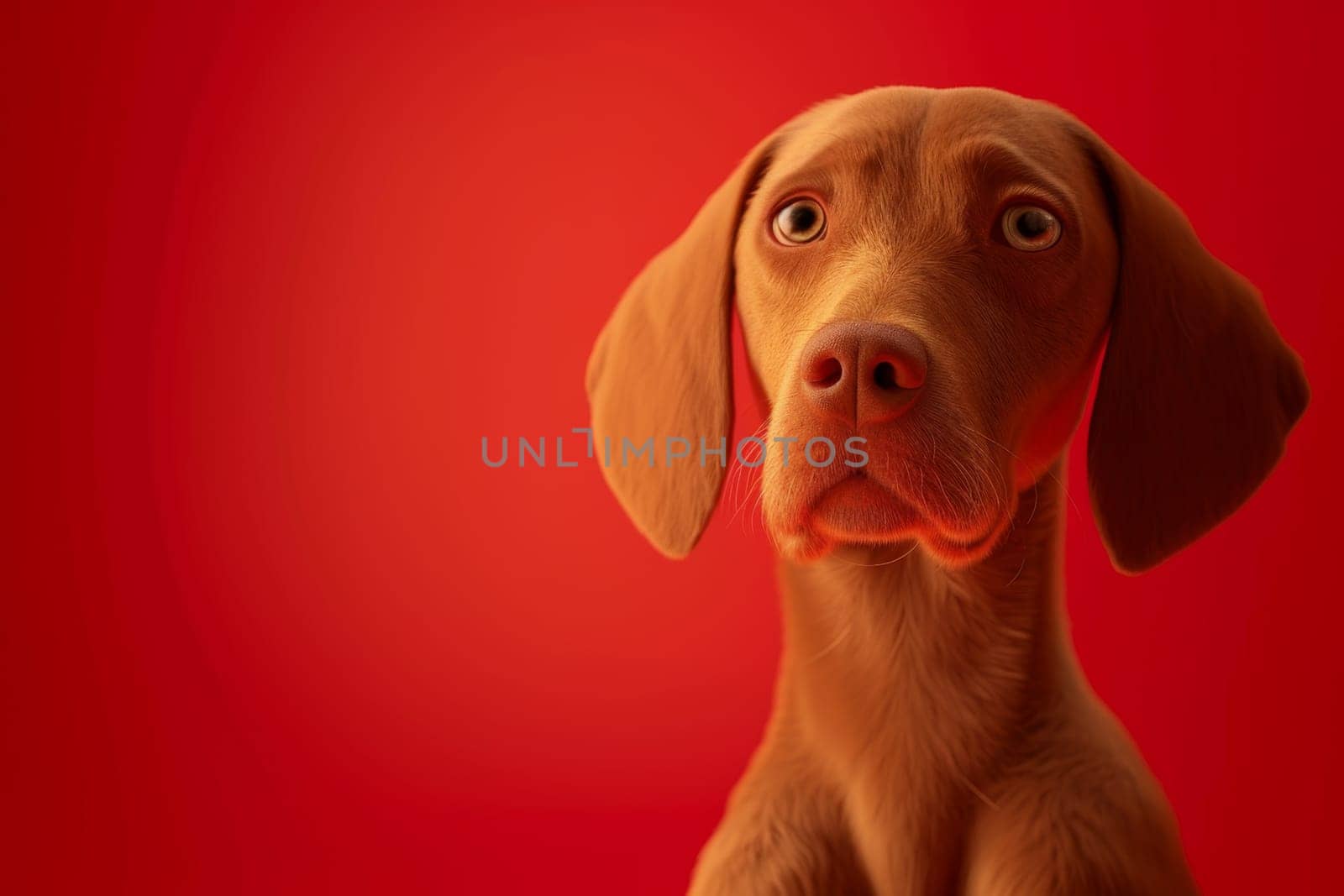 Close-up of a Hungarian fold-eared dog on a red background.