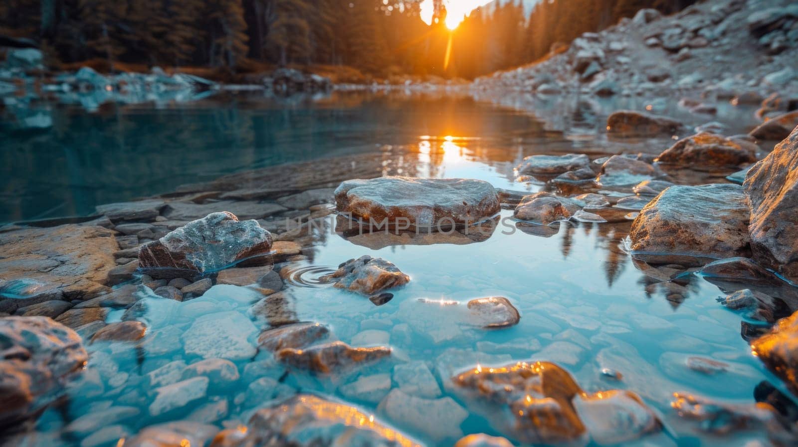 A river with rocks and trees in the background at sunset