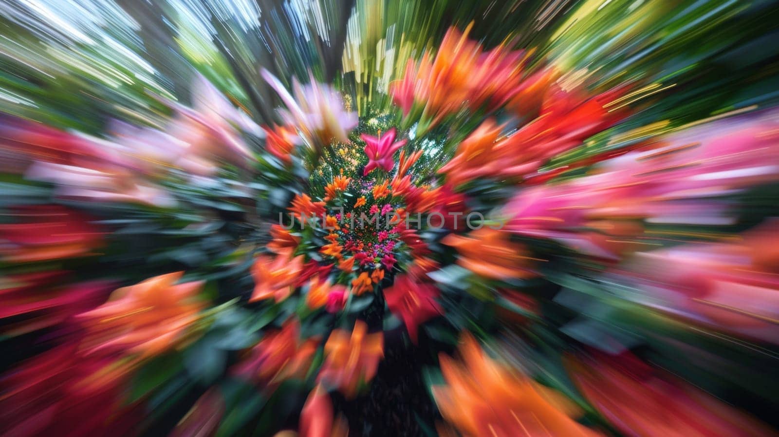 A blurry picture of a bunch of flowers in the air, AI by starush