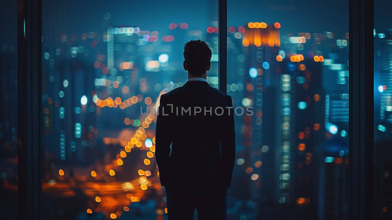 A man in suit looking out of window at city lights