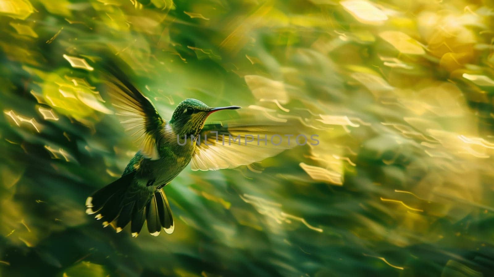 A hummingbird flying in the air with its wings spread
