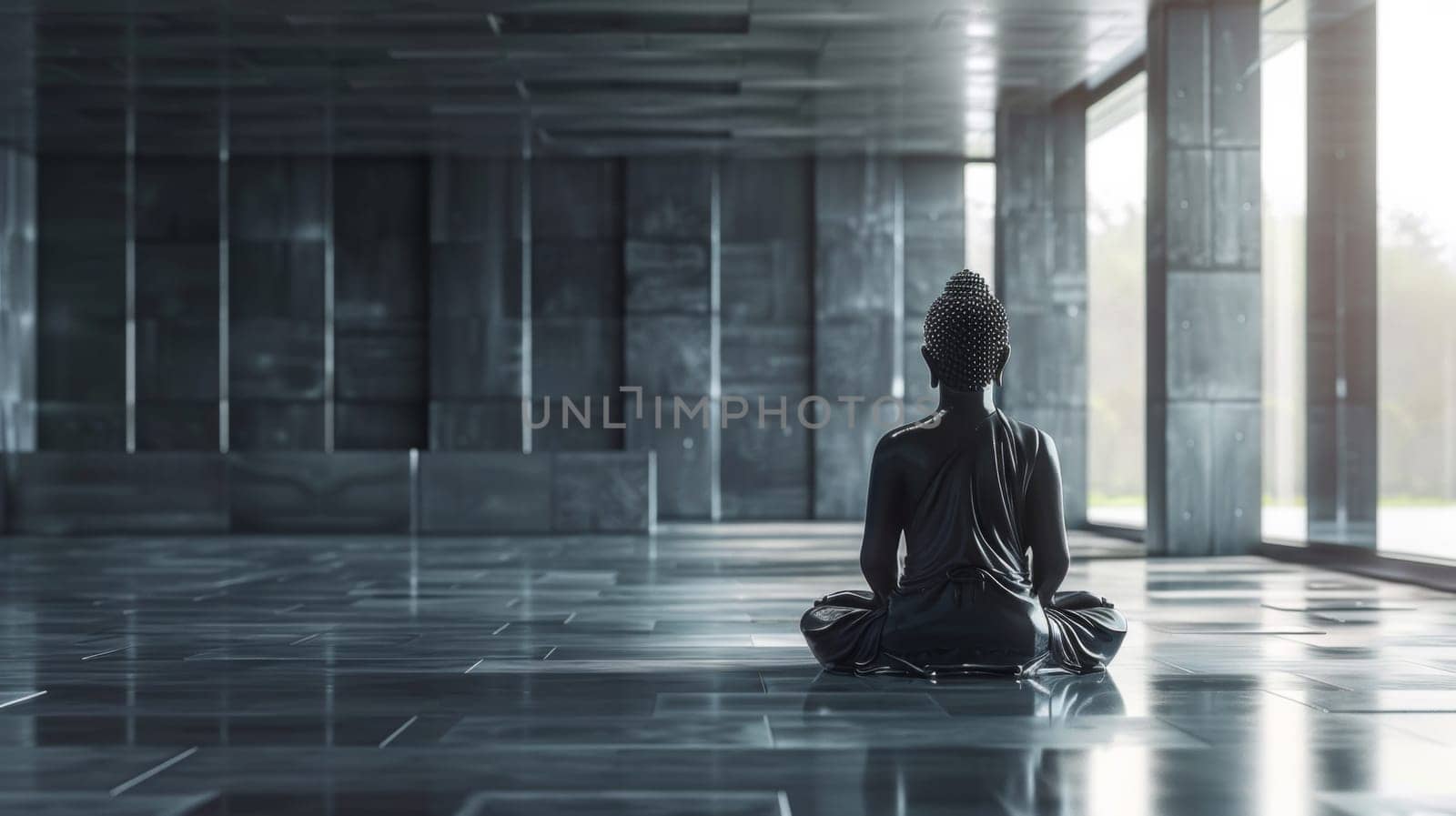 A statue of a buddha sitting in the middle of an empty room, AI by starush