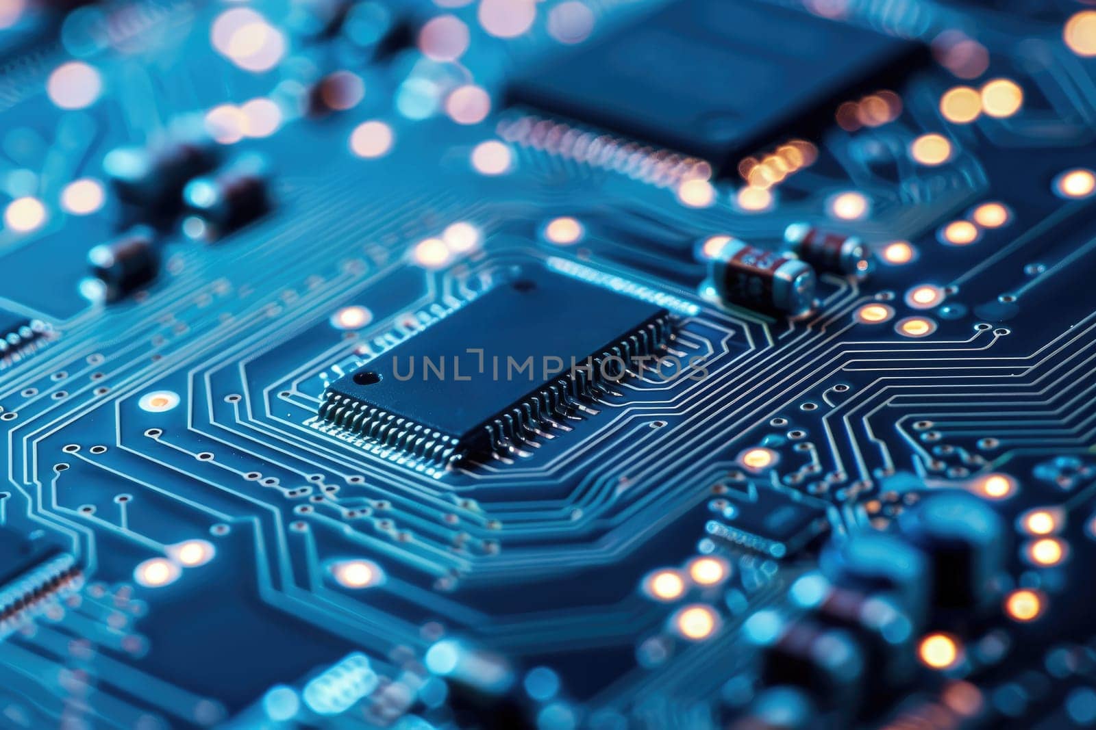 Computer technology image with circuit board background by AI generated image.