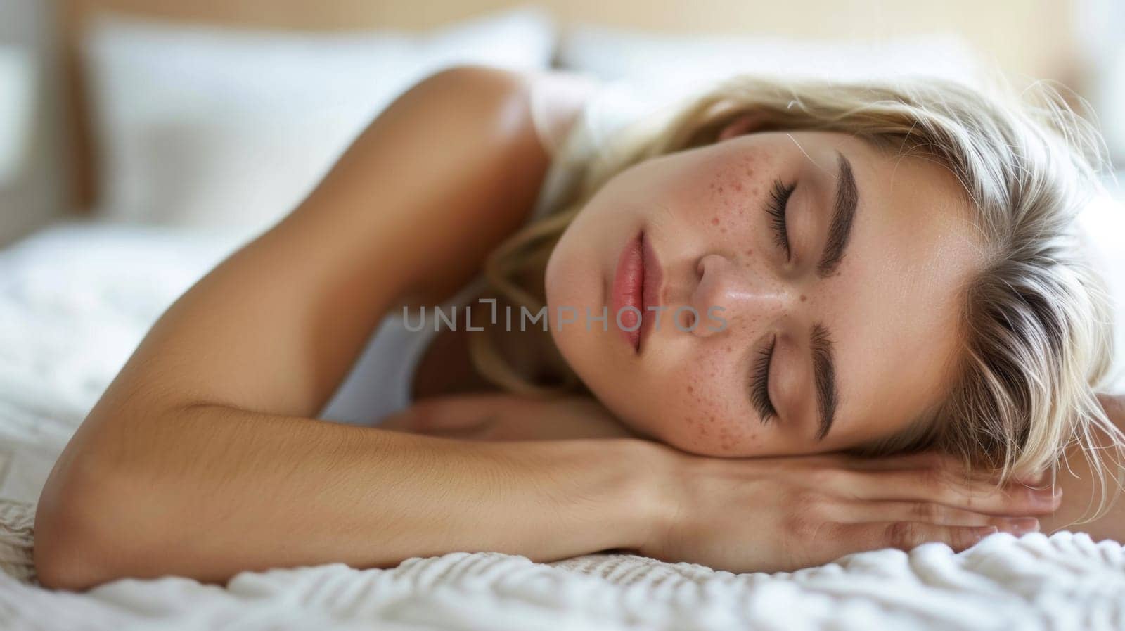 A woman sleeping on a bed with her eyes closed