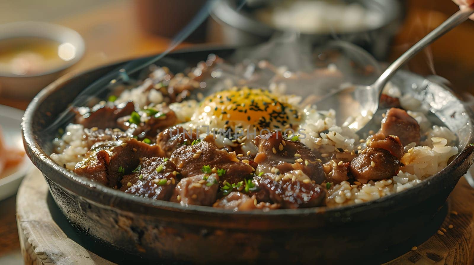 Scooping food from a pan with a spoon during cooking by Nadtochiy