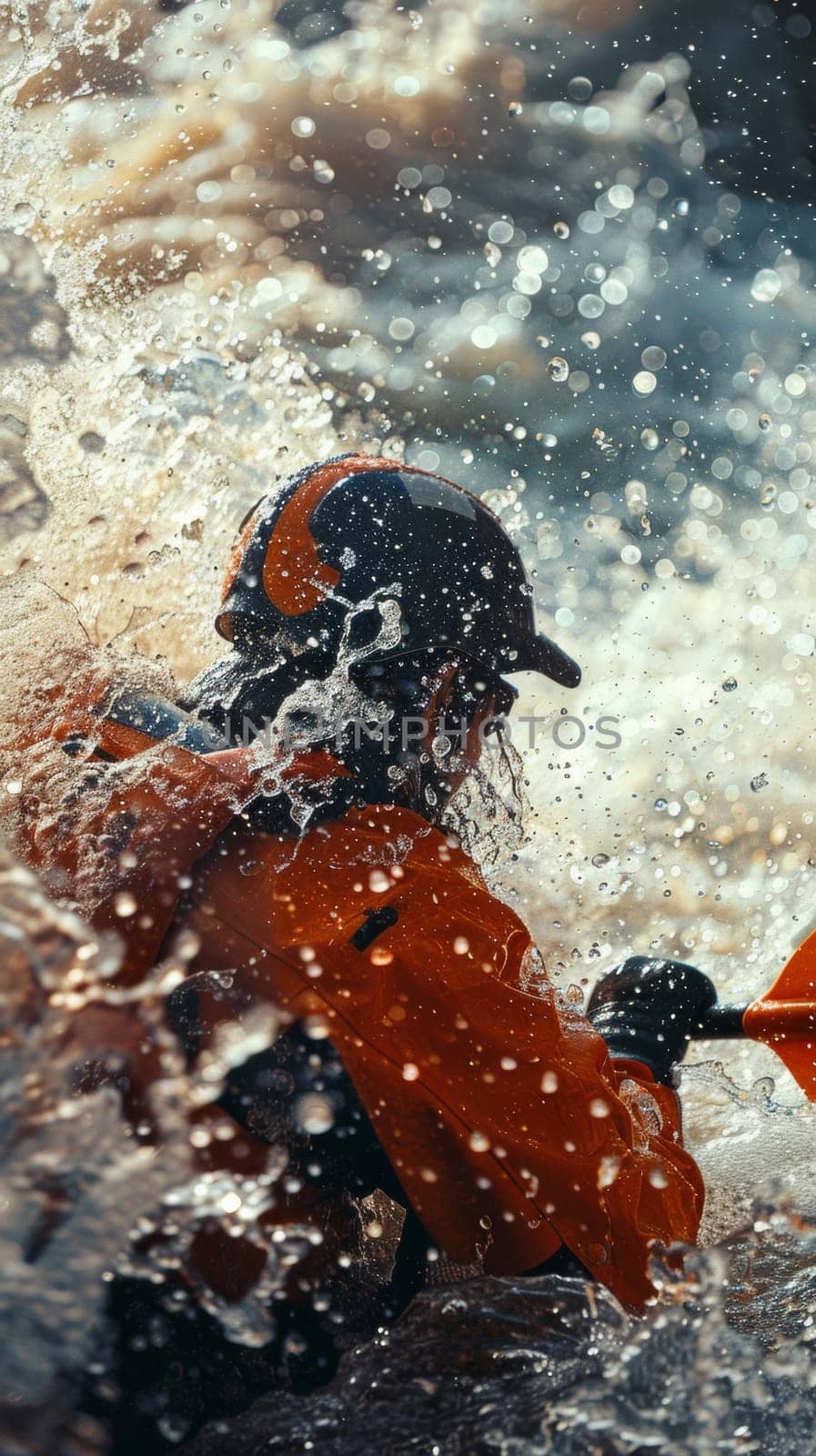 A man in a kayak paddling through the water with waves