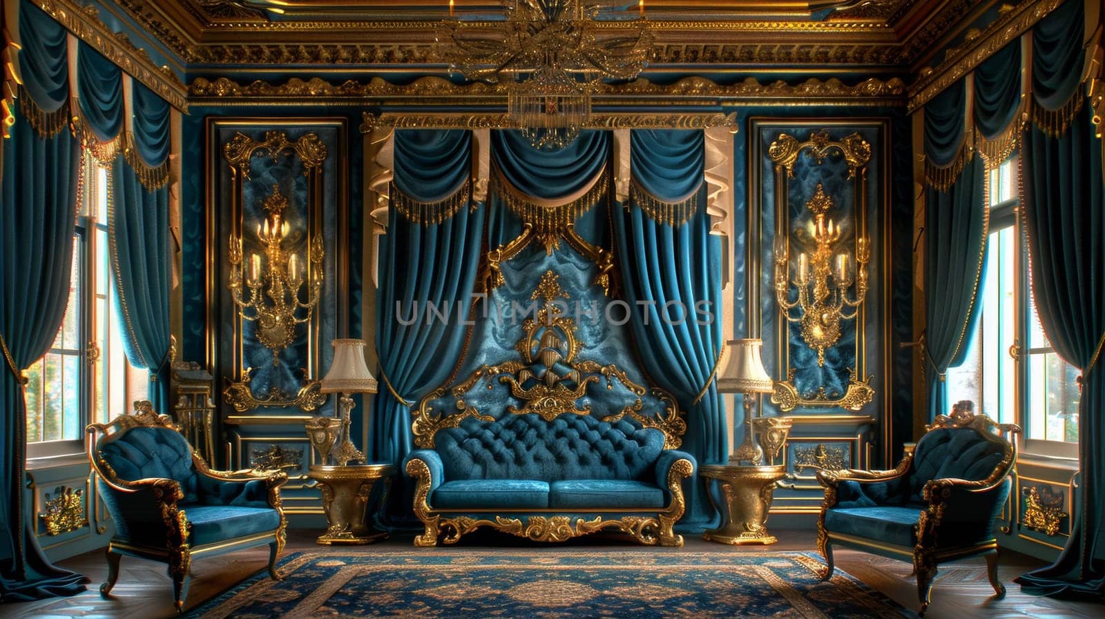 A fancy room with blue walls and gold curtains