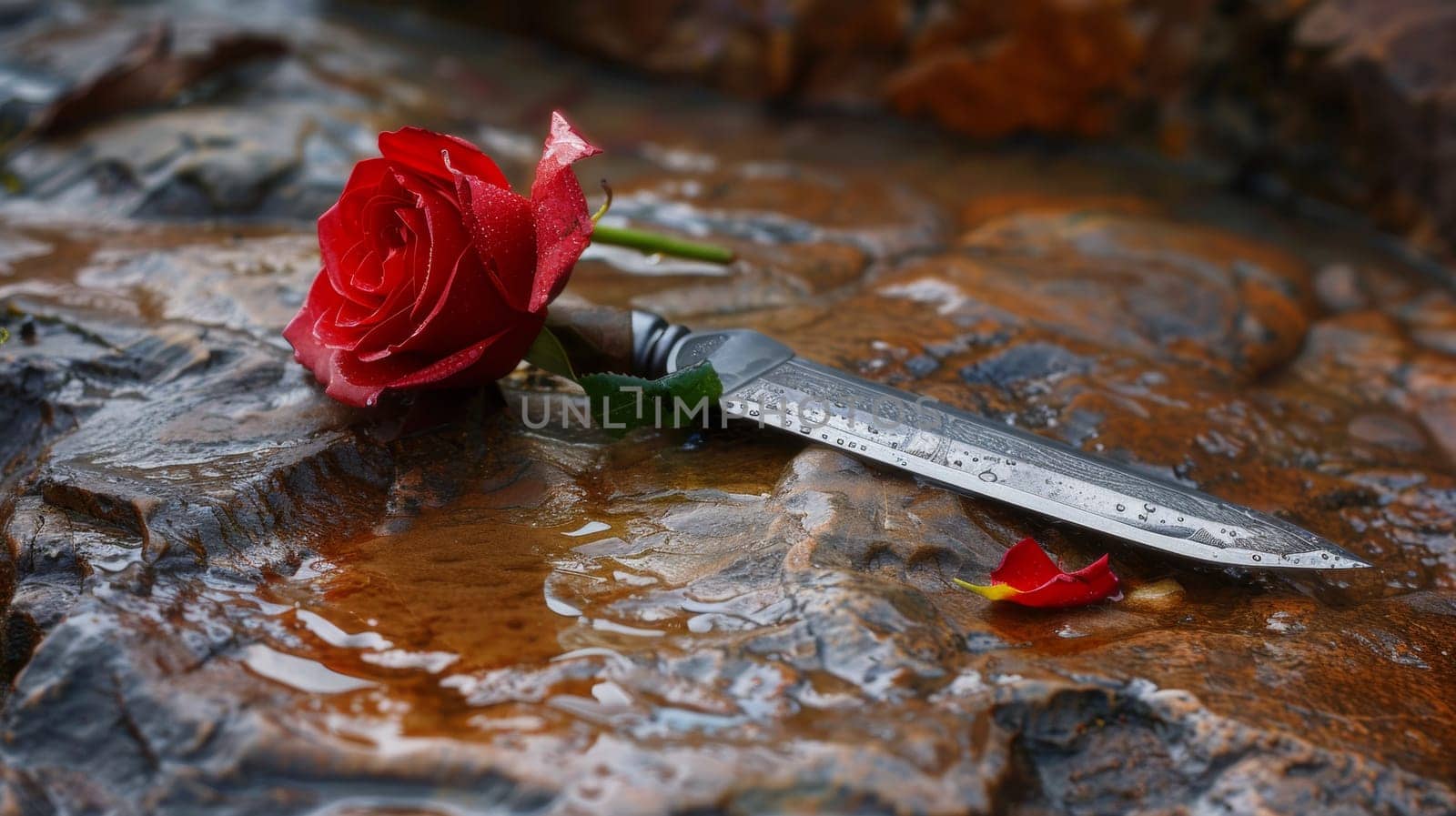 A knife and a rose on the ground in water