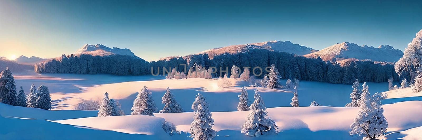 A serene winter landscape, picturesque panorama. Snow-covered landscapes, frost-covered trees, and wintery scenes. Generative