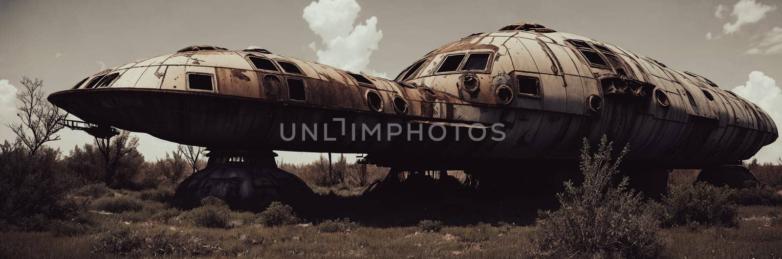 An abandoned spaceship on an alien planet, rusted metal, broken windows, overgrown vegetation reclaim the vessel. A scene of desolation and nature's triumph. Generative AI.