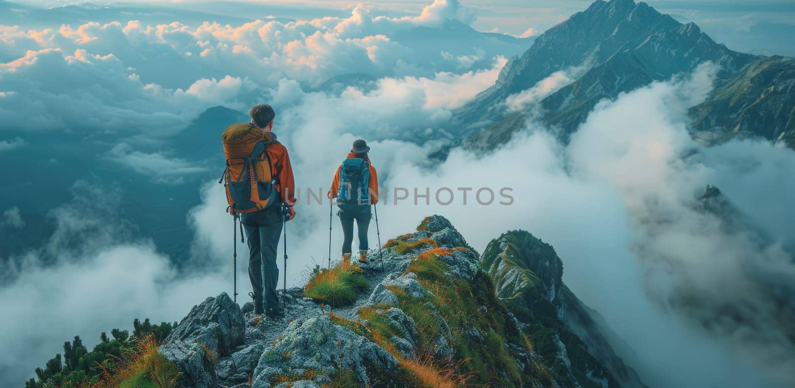 Two people are hiking up a mountain, one of them wearing an orange jacket. The clouds are low and the sky is blue