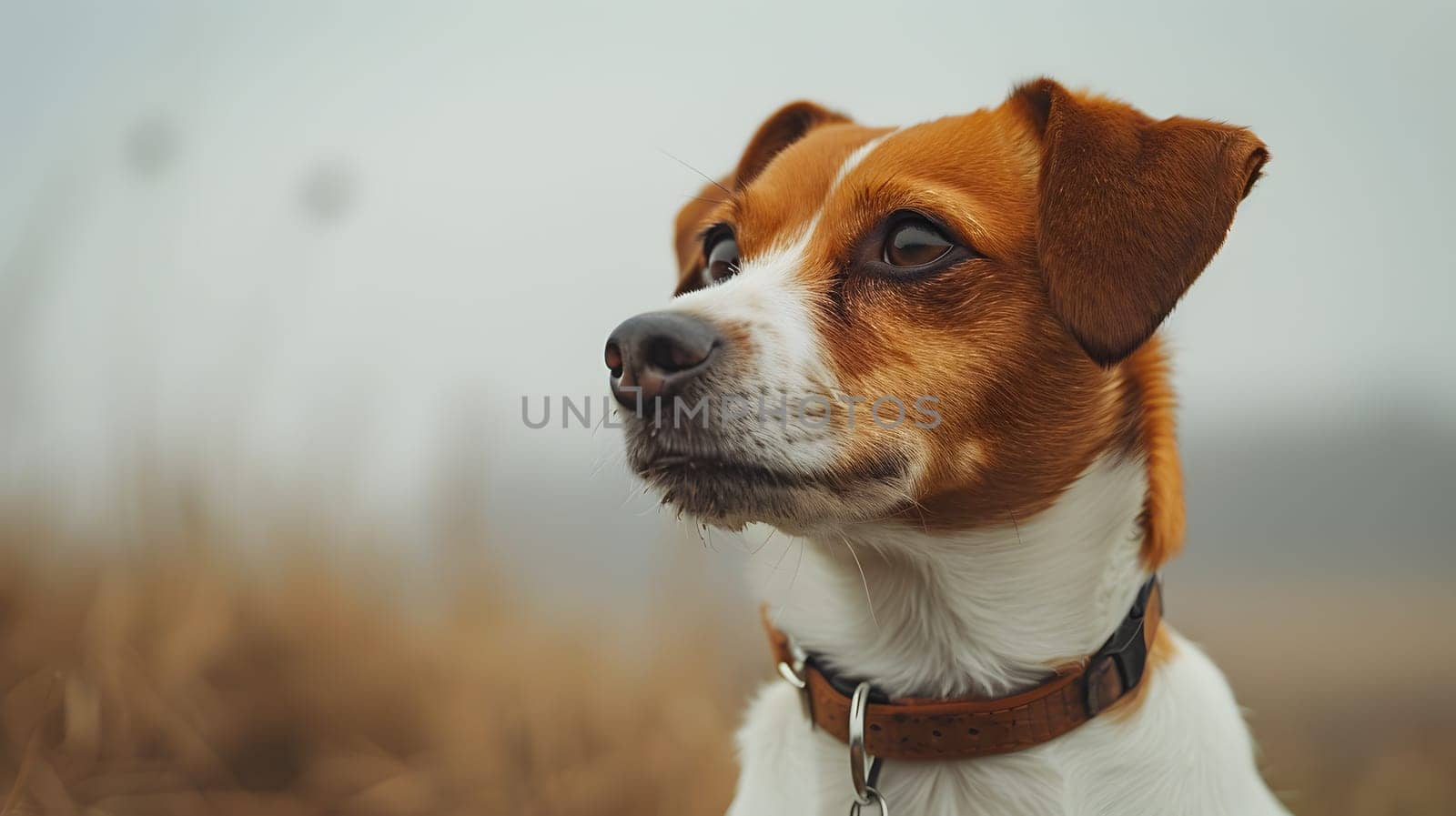 Close up of a fawn and white dog with whiskers, wearing a collar by Nadtochiy