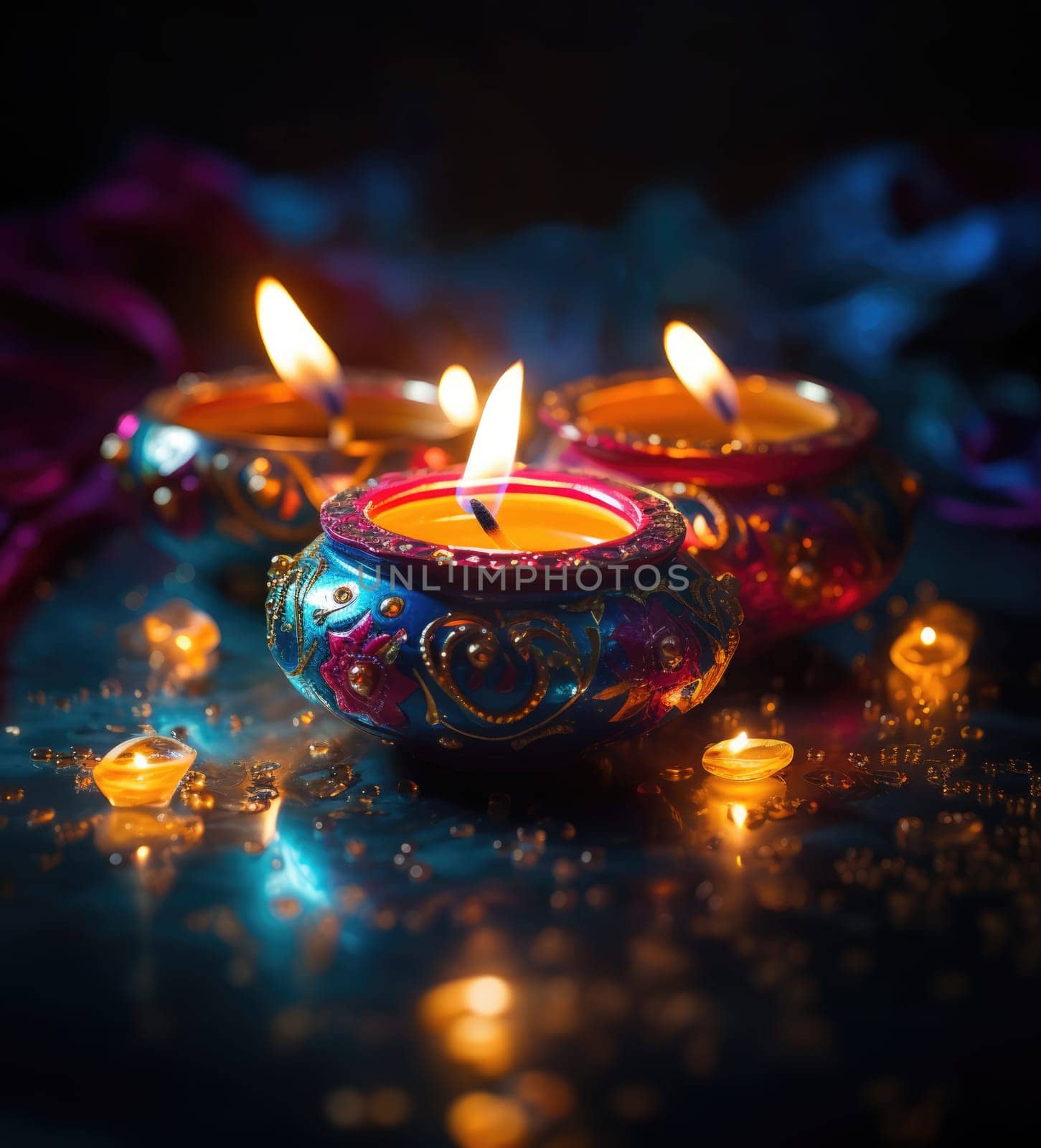 Happy diwali - Burning oil lamps with colorful designs from a Diwali festival