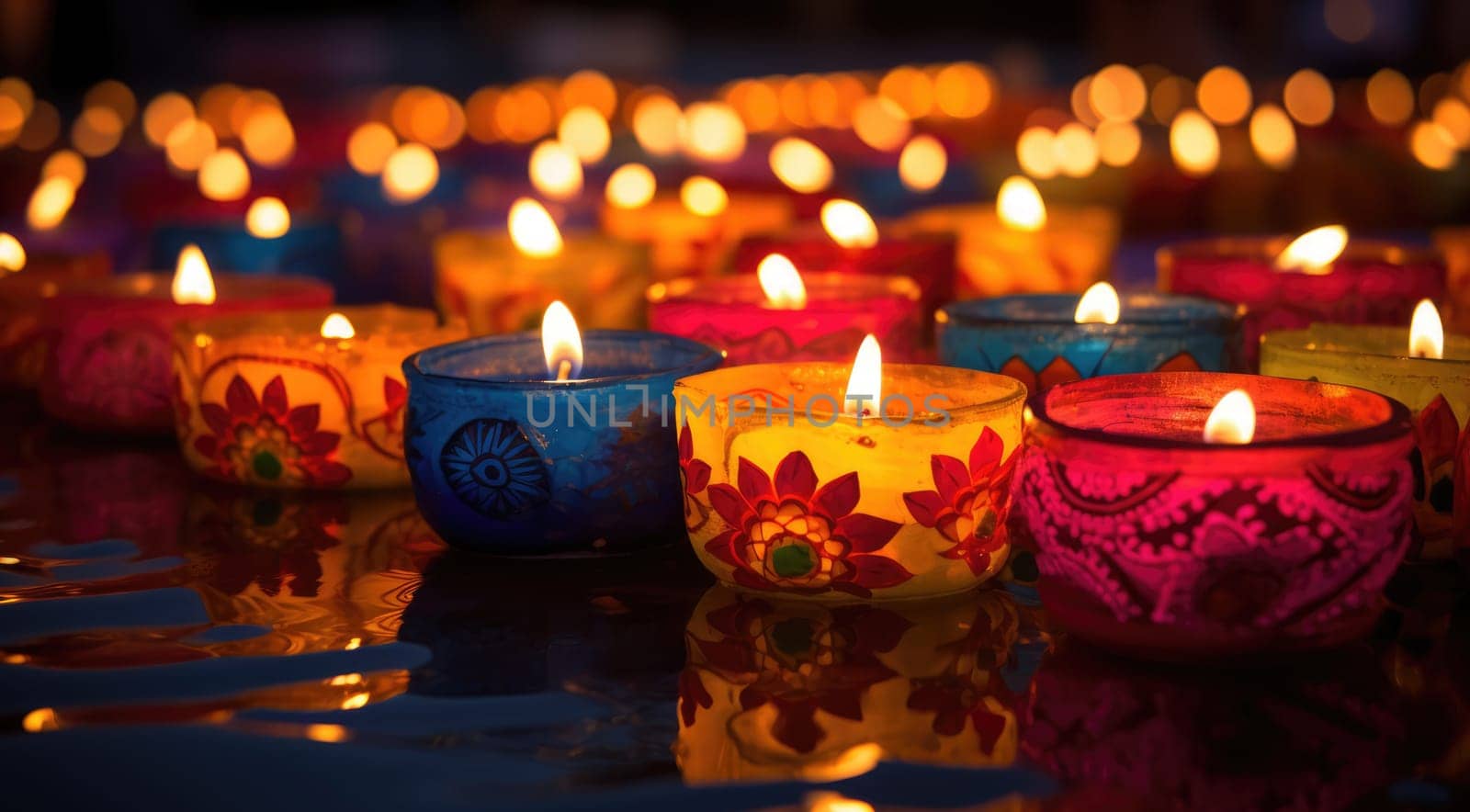 Happy diwali - Burning oil lamps with colorful designs from a Diwali festival