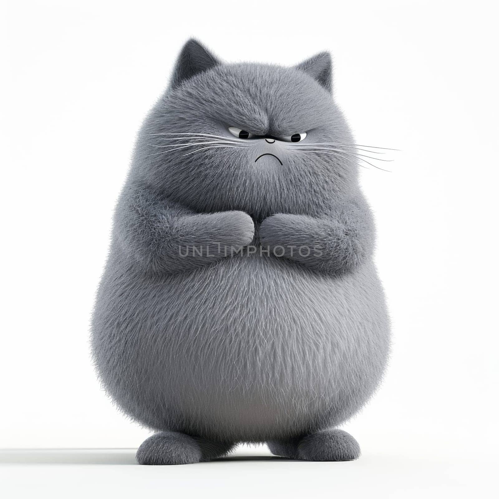 the character of a fat cute fluffy grey cat on a white background. 3d illustration by Lobachad