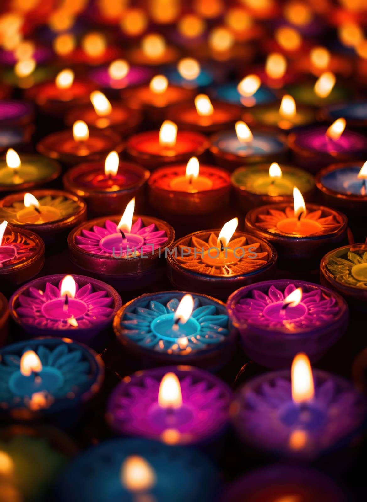 Happy diwali - Burning oil lamps with colorful designs from a Diwali festival