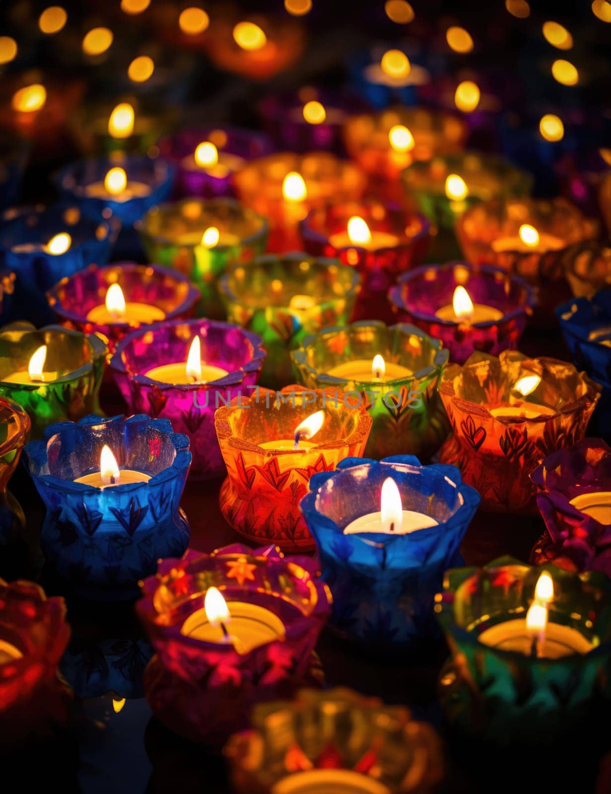 Happy diwali - Burning oil lamps with colorful designs from a Diwali festival