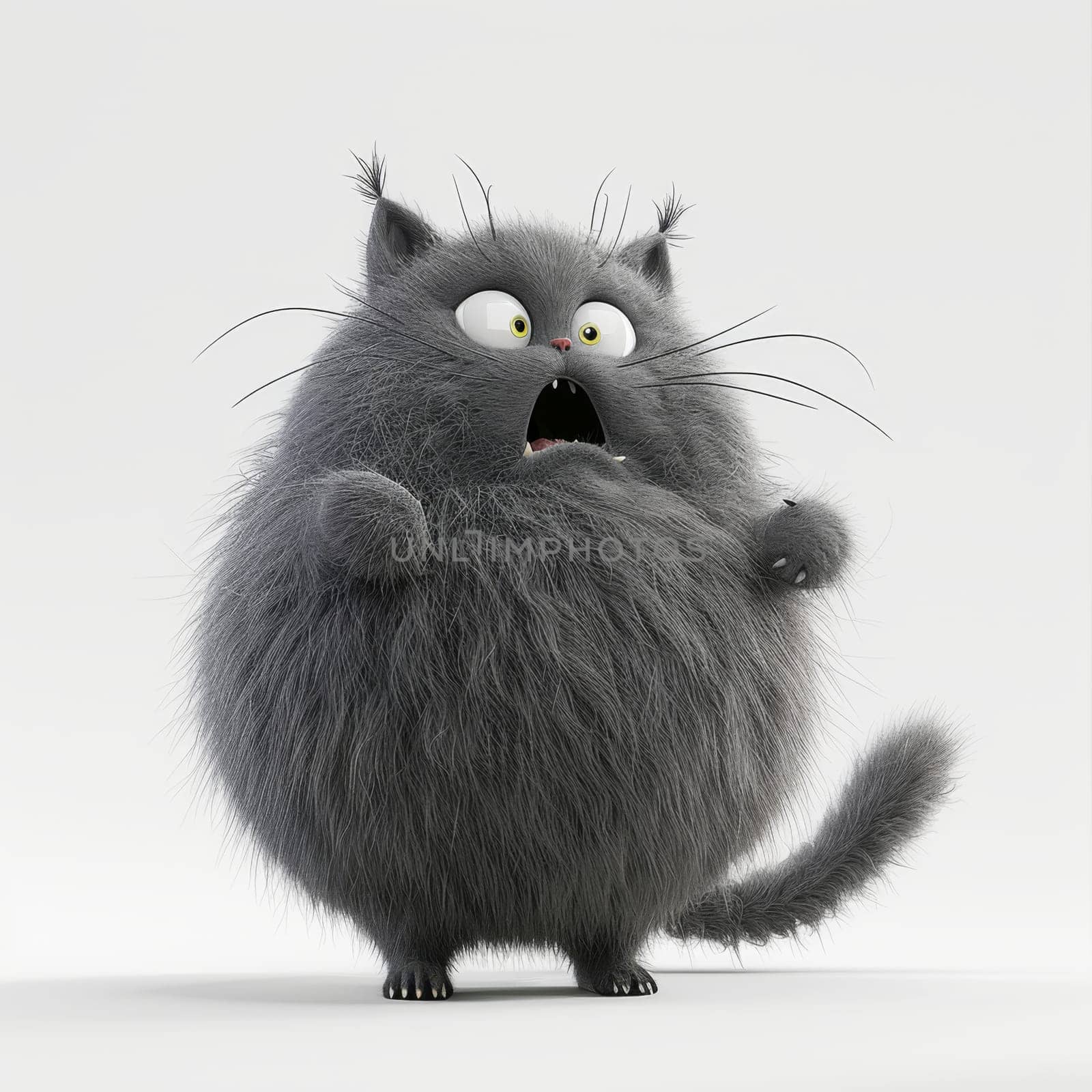 the character of a fat cute fluffy grey cat on a white background. 3d illustration.