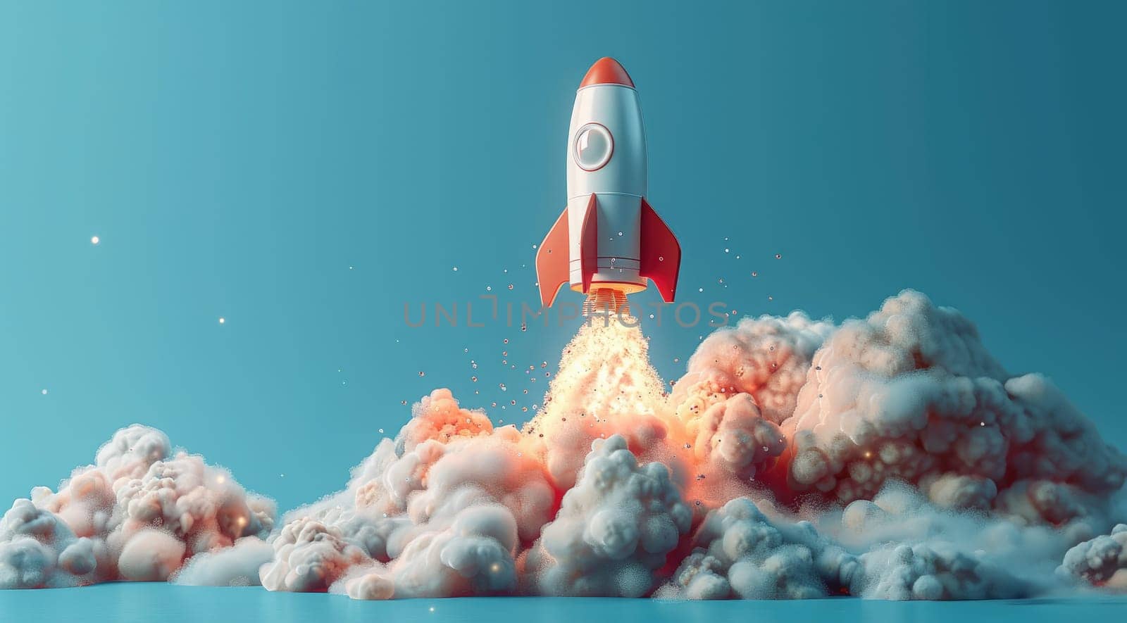 A rocket is launching into the sky, leaving a trail of smoke and fire behind it. Concept of excitement and wonder, as the rocket soars through the air, leaving a trail of its journey behind