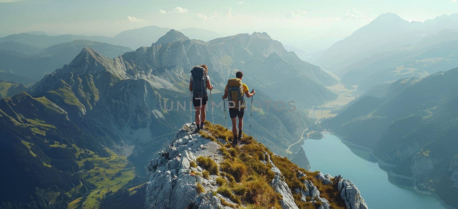 Two people are hiking up a mountain and looking out over a valley. The scene is peaceful and serene, with the mountains in the background and the lake in the foreground