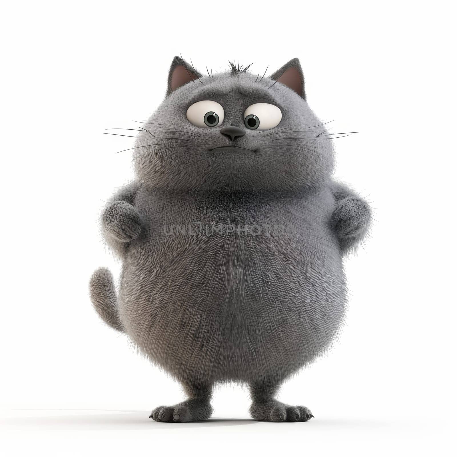 the character of a fat cute fluffy grey cat on a white background. 3d illustration by Lobachad