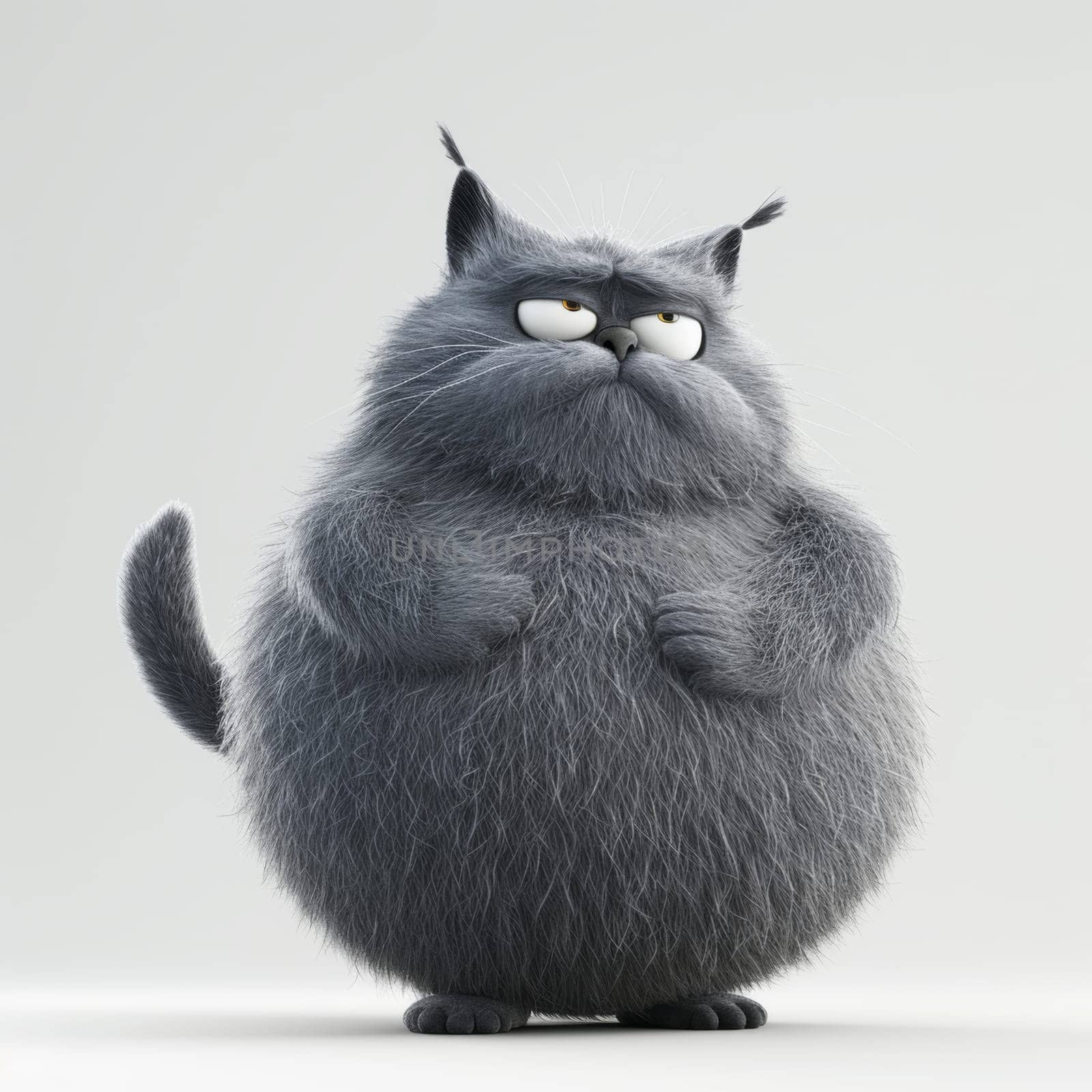 the character of a fat cute fluffy grey cat on a white background. 3d illustration.