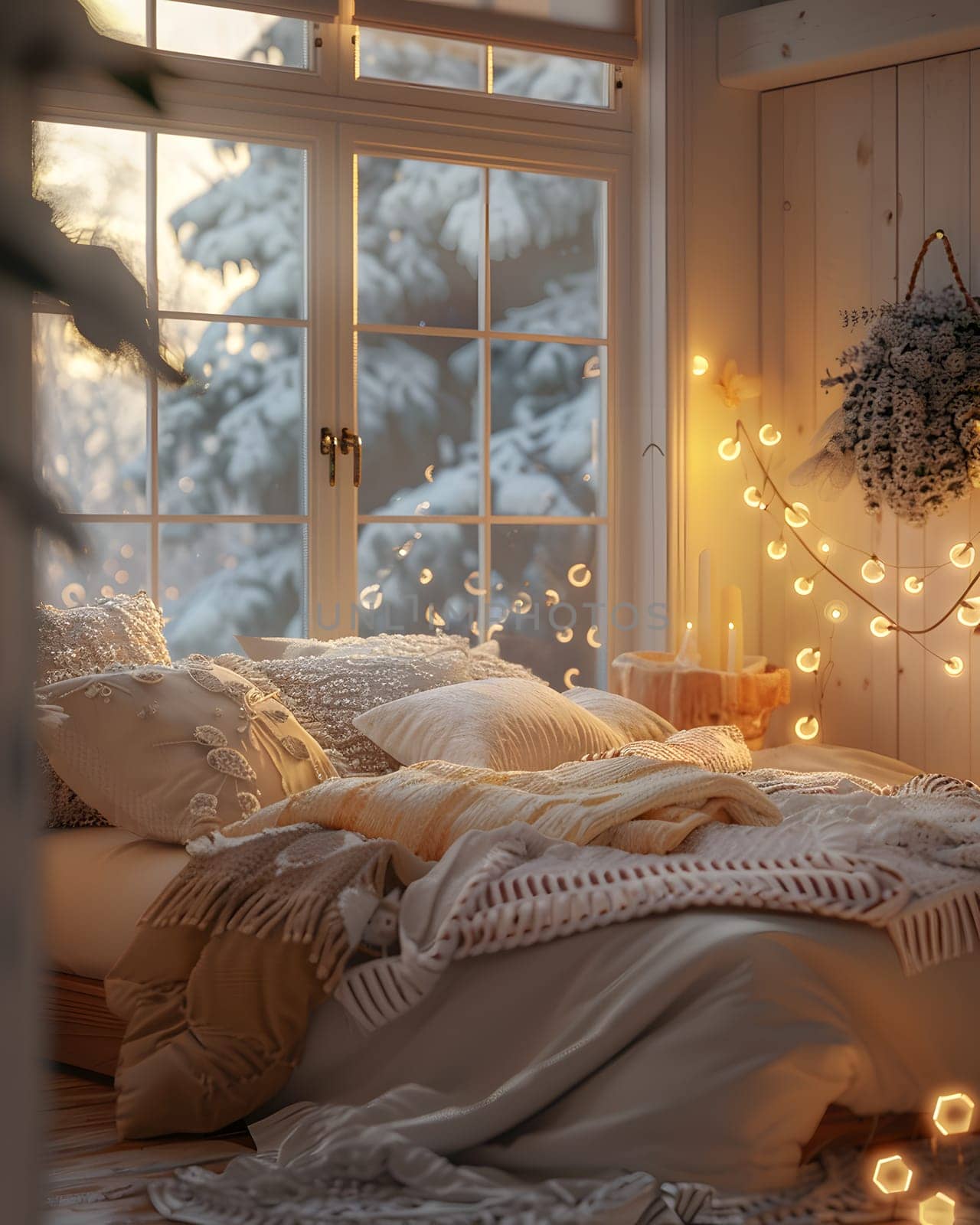 A cozy bedroom with a wood bed frame, hardwood flooring, a window for natural light, and Christmas lights as decoration for added comfort