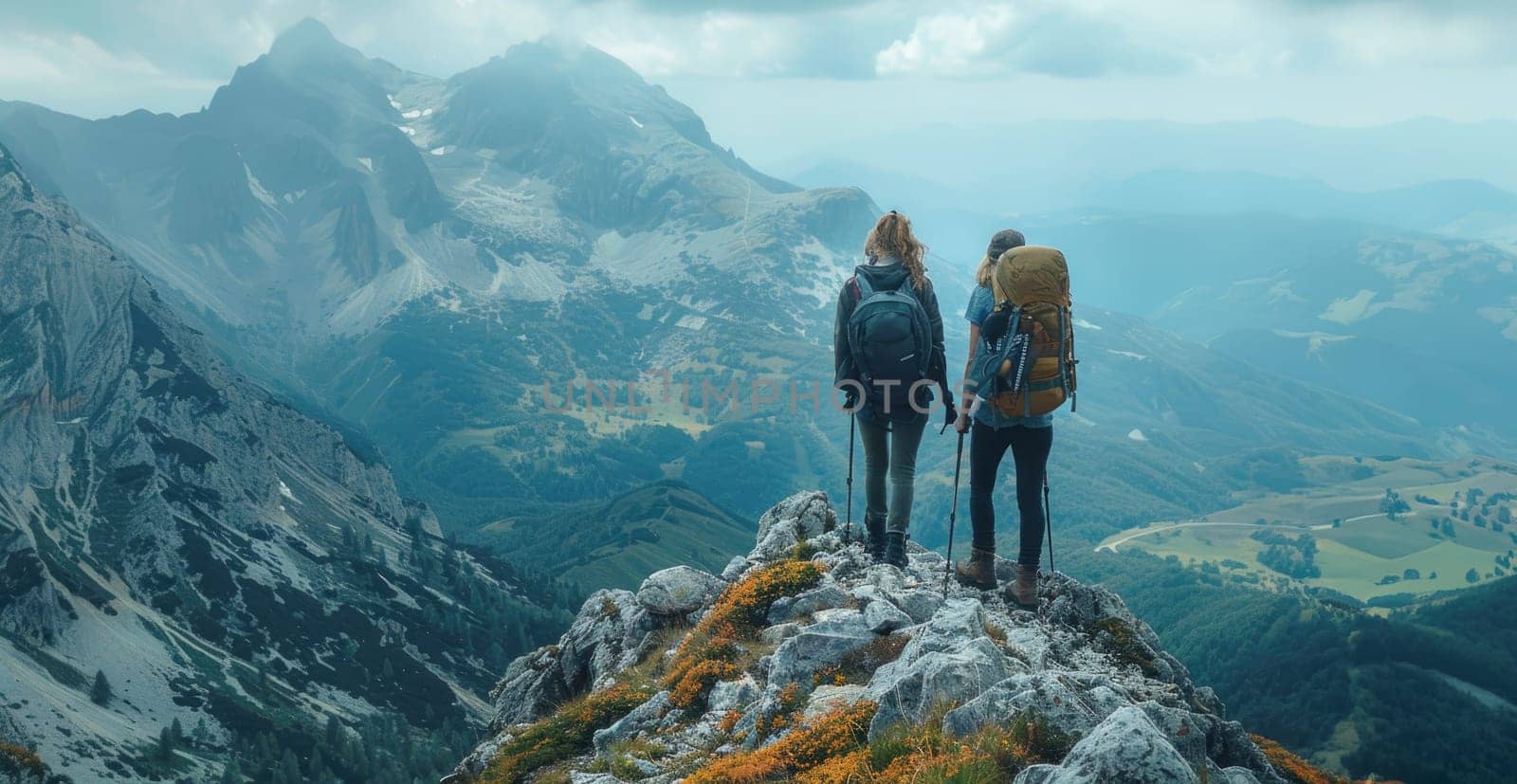 Two people are hiking up a mountain, one of them is wearing a backpack. The mountain is covered in snow and the sky is cloudy. Scene is adventurous and exciting