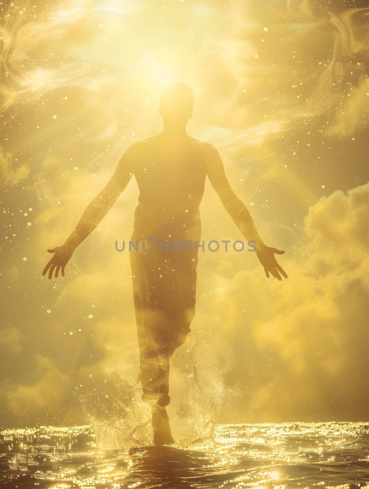 A man joyfully walks through the water with his arms stretched out, basking in the suns warm rays. The serene landscape and gentle water create a peaceful atmosphere